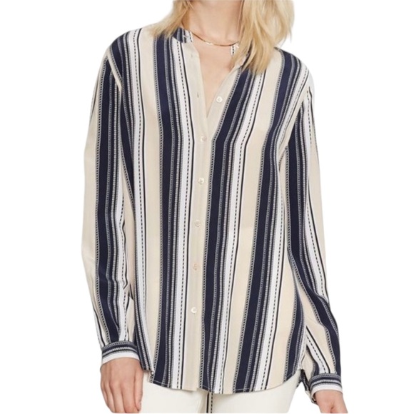 Equipment Henri Silk Striped Button Down Blouse in Bright White & Nude Multi - S - Picture 1 of 14